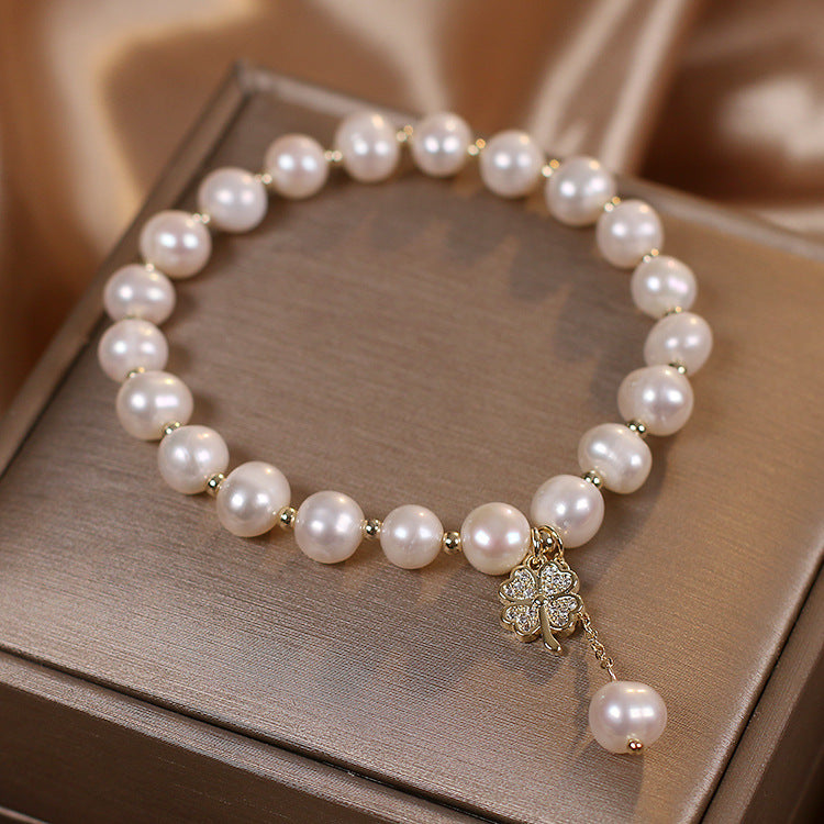 Natural Freshwater Pearl Bracelet Light Luxury Four-leaf Clover Simple Hand Jewelry